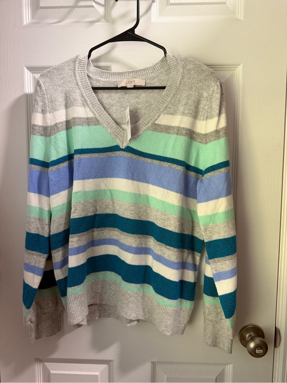 LOFT Women’s V-Neck Striped Sweater in Gray & Teal